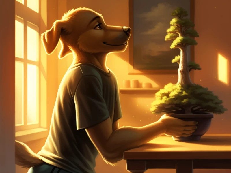portrait, domestic happy dog, detailed eyes, wearing t-shirt, loose shorts, standing in front of the table, looking at bonsai trees, sunlight, god rays, from the window, light particles, cozy room, detailed background, side view, aesthetic painting