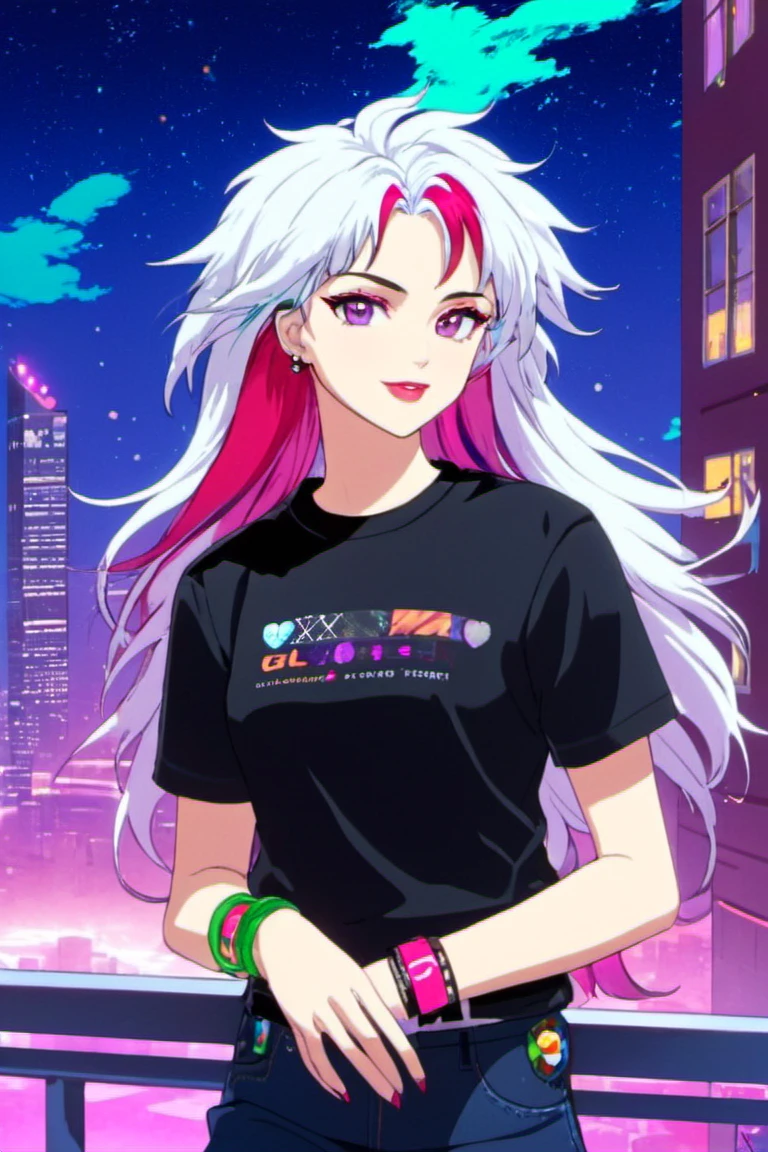 (highres:1.1), best quality, (masterpiece:1.3), beautiful lighting, intricate (high detail:1.2), 1boy, solo, transgender male, multicolored hair, white hair, pink hair, two tone hair, red hair, green hair, purple eyes, long hair, wearing a black and pink anime tshirt, denim jeans, makeup, wristband, lipstick, jewelry, depth of field, science fiction, cyberpunk, balcony, cityscape, beautiful night sky, (summer:1.2), wind swept hair,{specular highlights : beautiful lighting : rim lighting},fxaa