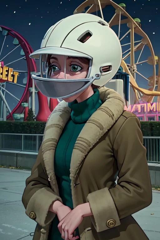 CousinBleh,green eyes, 
white football helmet with mouthguard,  closed coat, turtleneck, 
amusement park,  night, 
solo, cowboy shot, 
standing,  upper body, 
(insanely detailed, beautiful detailed face, masterpiece, best quality) <lora:CousinBleh-104.5:0.7>