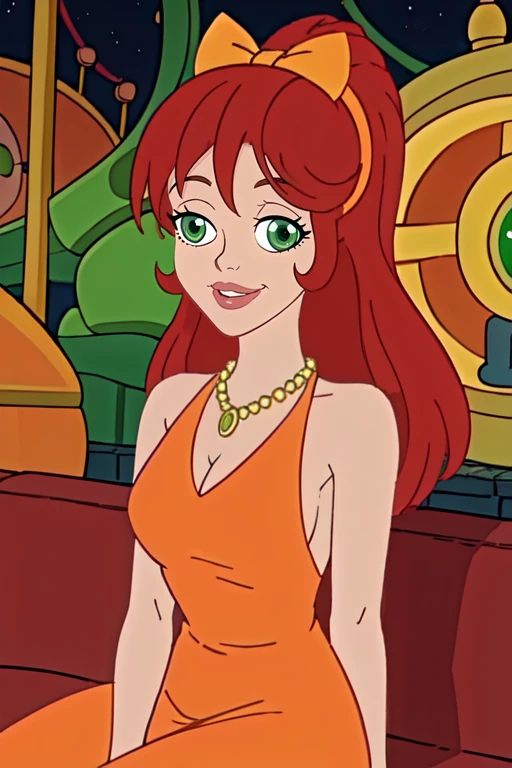 pov, sam, totally spies, orange hair, green eyes, handjob, looking at viewer, inside a car, sitting, crossed lesg, turning to viewer, skirt, bare shoulders, dressed in pink, side view