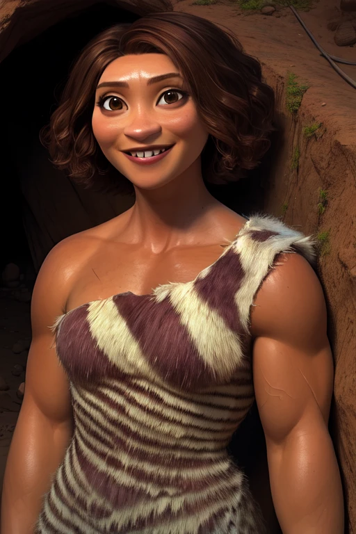 Ugga,brown hair,short hair,brown eyes, muscular,
dress,animal print, off shoulder, sleeveless,
standing, upper body,
solo, smile,
small cave, wasteland,
(insanely detailed, beautiful detailed face, masterpiece, best quality) <lora:Ugga:0.8>