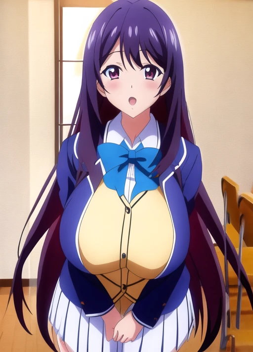 gigantic breasts,school uniform,anime screencap,long hair,1girl,masterpiece,best quality,ultra-detailed, perfect lighting,reflection, , <lora:Anime Pinups-v1:1>