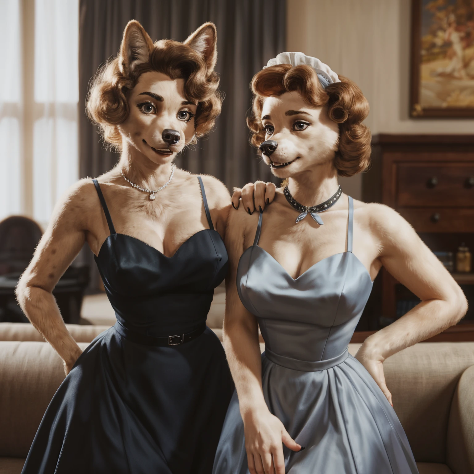 upper body shot, duo, standing side-by-side, pin-up, 1950s housewives, wearing elegant 1950s attire, lesbian couple, mid_transformation, anthro, canine, (detailed fur, thick fur), looking at camera,
BREAK, 8k, hi res, (best quality, masterpiece), 1950s living room, (photorealism:1.2), cinematic still,