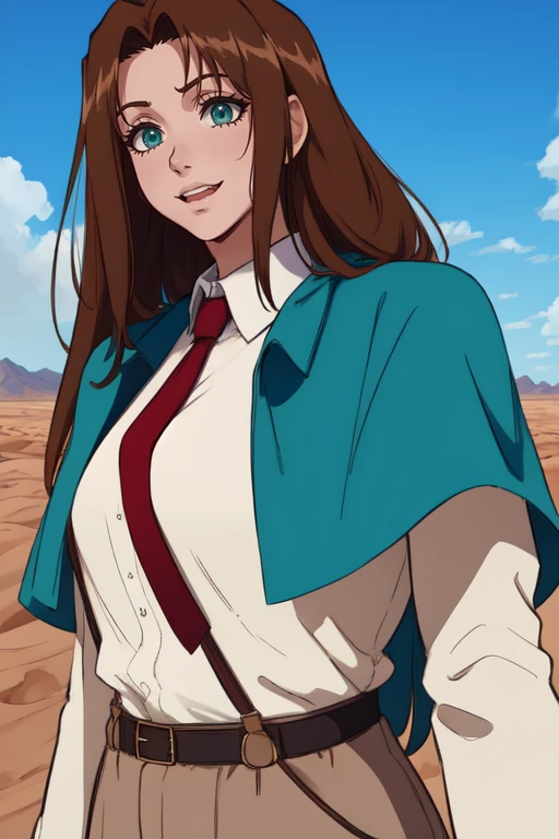 Milly,long hair,brown hair,blue eyes,
MilSu, white shirt, red necktie,pants, trench coat , suspenders, green capelet,
standing, solo,standing, happy,
upper body,
western desert, morning,
(insanely detailed, beautiful detailed face, masterpiece, best quality) anime, <lora:Milly-10V3:0.7>