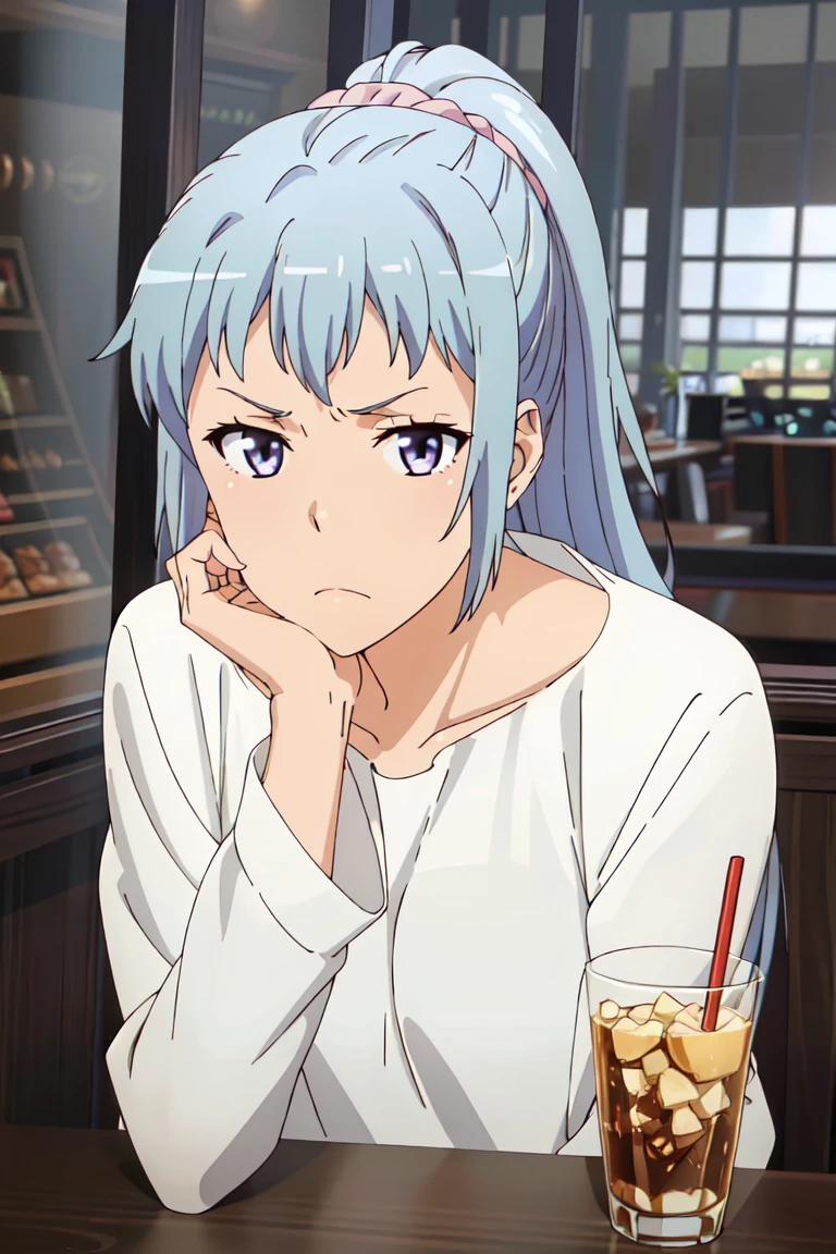 (extremely detailed CG unity 8k wallpaper), (masterpiece), (best quality), (ultra-detailed), (best illustration), (best shadow), (absurdres), <lora:saki-10:0.7>, saki, 1girl, purple eyes, head rest, long hair, looking at viewer, ponytail, drinking straw, solo, collarbone, indoors, shirt, scrunchie, white shirt, frown, blue hair, cup, long sleeves, closed mouth, upper body