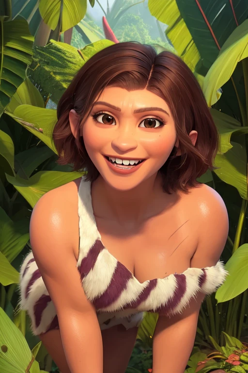Ugga,brown hair,short hair,brown eyes, muscular, downblouse,
dress,animal print, off shoulder, sleeveless, cleavage, body scars, teeth,
on all fours, clenched hands, grin,
standing, upper body,
solo, smile,
tropical forest,
(insanely detailed, beautiful detailed face, masterpiece, best quality) <lora:Ugga:0.8>