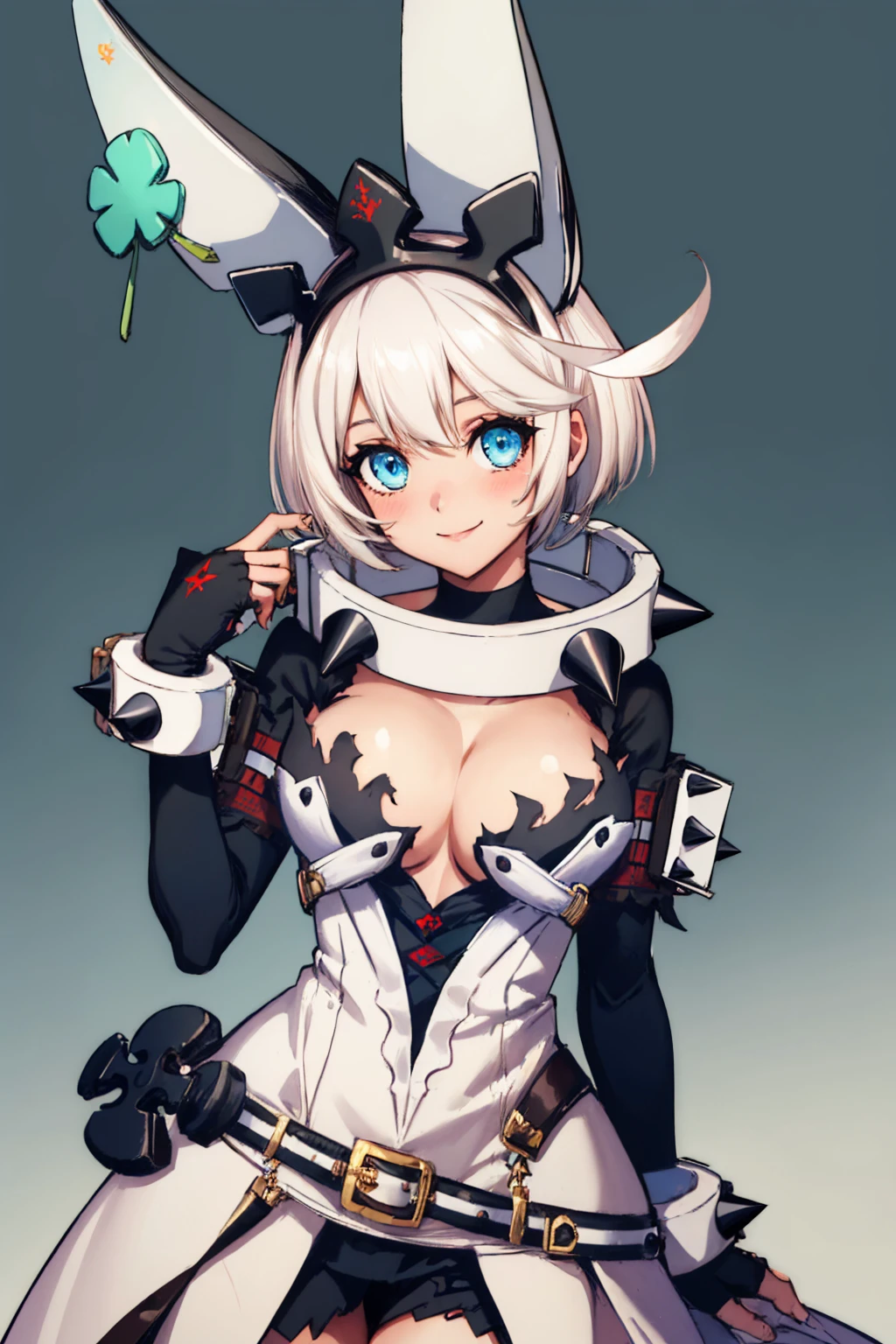 (masterpiece, best quality:1.2), solo, 1girl, revelphelt, smile, looking at viewer, ahoge, dress, spiked collar, fingerless gloves, spiked bracelet, four-leaf clover, cleavage <lora:guiltygear_rev_elphelt:1.0>