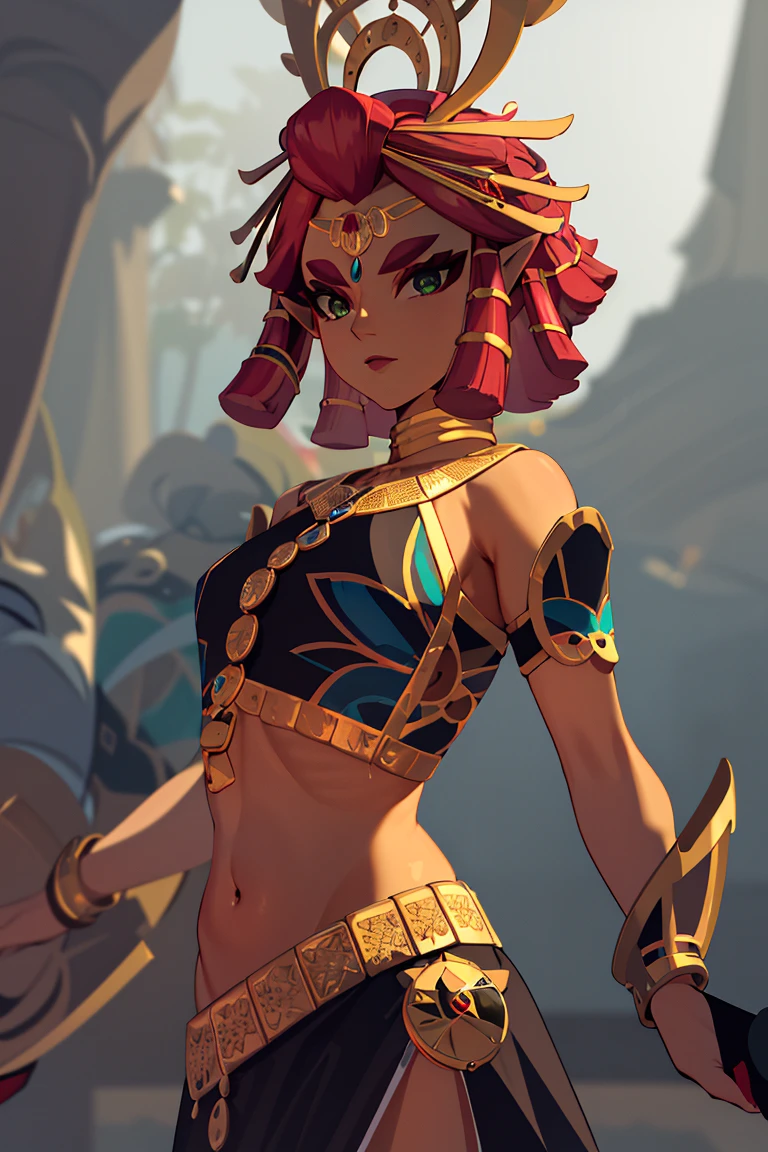 ((masterpiece,best quality)), absurdres,
<lora:Riju_Zelda_TotK:1>, Riju_Zelda, midriff, black dress,
solo, looking at viewer, cowboy shot,
cinematic composition, dynamic pose,