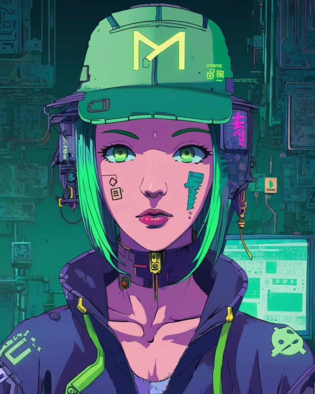 anime, a woman with green hair and a green hat , cyberpunk, cyberpunk art, retrofuturism<lora:Cyberpunk _Anime_sdxl:1.0>