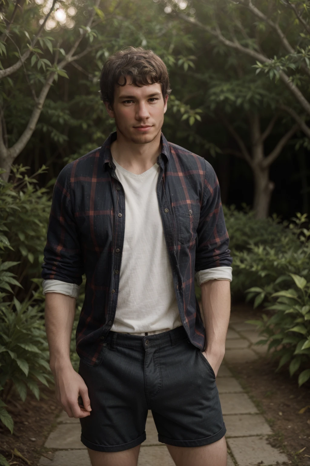 epiCRealism, (male), (full shot:1.5) (full body) photograph of dustin_zito standing outside in a (garden) posing with a smirk in plaid button-down shirt and shorts and (sneakers:1) <lora:Dustin_Zito-10:0.9>, deep photo, depth of field, Superia 400, bokeh, realistic lighting, professional colorgraded