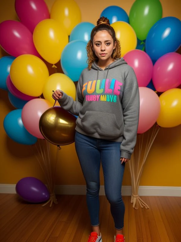 ((sfw)), (full body shot), UHD, 8k, Ultra Detailed, cinematic portrait, Studio Modelshoot portrait by lee friedlander 
[ Teresa Palmer | Alyssa Milano ] wearing sweatshirt , gorilla holding a bundle of colorful balloons, thematic lighting,