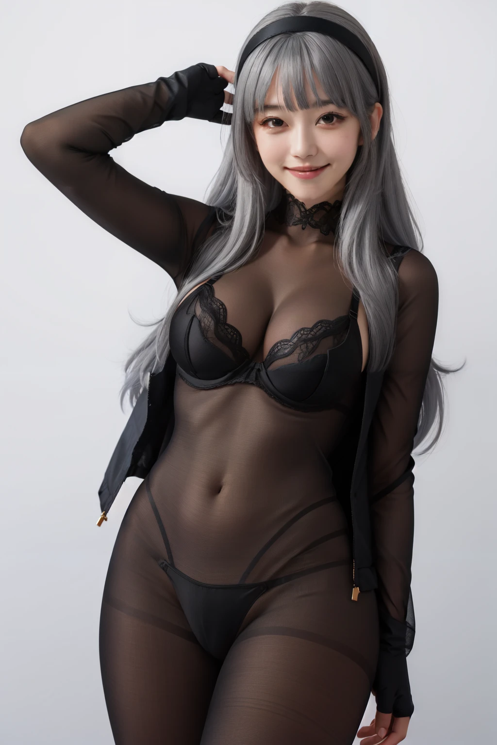 transparent bodystocking, gloves, covered navel, hairband, white background, large breasts, looking at viewer, very long hair, black bra, bodystocking,  long hair, see-through, smile, closed mouth, simple background, grey hair, blunt bangs,  blush, solo, long sleeves,pantyhose,1girl<lora:transparent_bodystocking:1>