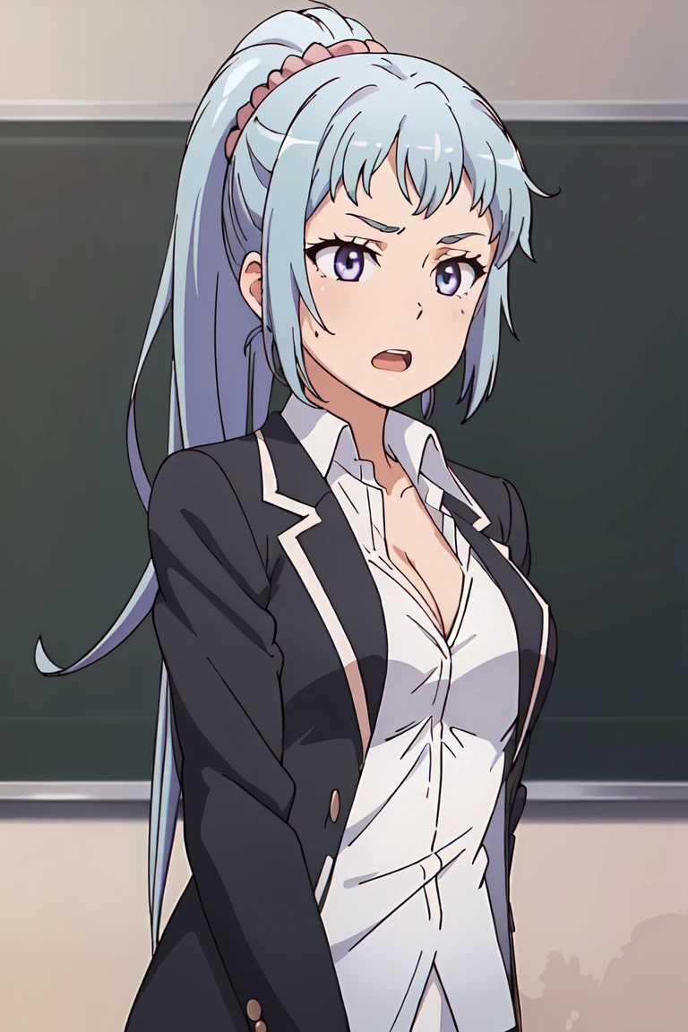 (extremely detailed CG unity 8k wallpaper), (masterpiece), (best quality), (ultra-detailed), (best illustration), (best shadow), (absurdres), <lora:saki-10:0.7>, saki, 1girl, solo, long hair, ponytail, jacket, open mouth, breasts,blue hair, purple eyes, cleavage, sobu high school uniform, school uniform, chalkboard, scrunchie, medium breasts, blazer