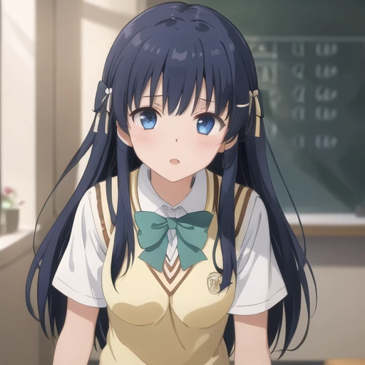 (masterpiece, best quality:1.2),illustration,8k,hd,1girl,solo,blue eyes,long hair,school uniform,bow,blue hair,hair ornament,sweater vest,blue hair,green skirt,black socks,hair ribbon,short sleeves,plaid skirt,pleated skirt,ribbon,<lora:Murasame Shizu-V2:0.6>,
