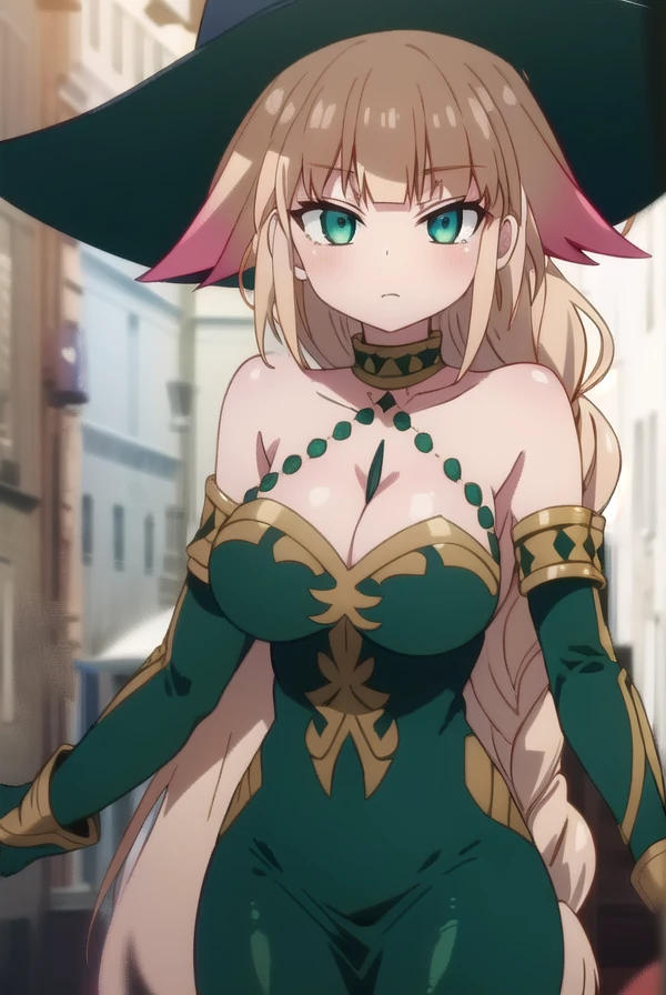 archmagedemia, <lora:archmagedemia-lora-nochekaiser:1>,
archmage demia, long hair, blonde hair, (green eyes:1.5), single braid, braid, long braid,
BREAK hat, dress, blue dress, witch hat, side slit, witch,
BREAK looking at viewer,
BREAK outdoors,
BREAK <lyco:GoodHands-beta2:1>, (masterpiece:1.2), best quality, high resolution, unity 8k wallpaper, (illustration:0.8), (beautiful detailed eyes:1.6), extremely detailed face, perfect lighting, extremely detailed CG, (perfect hands, perfect anatomy),