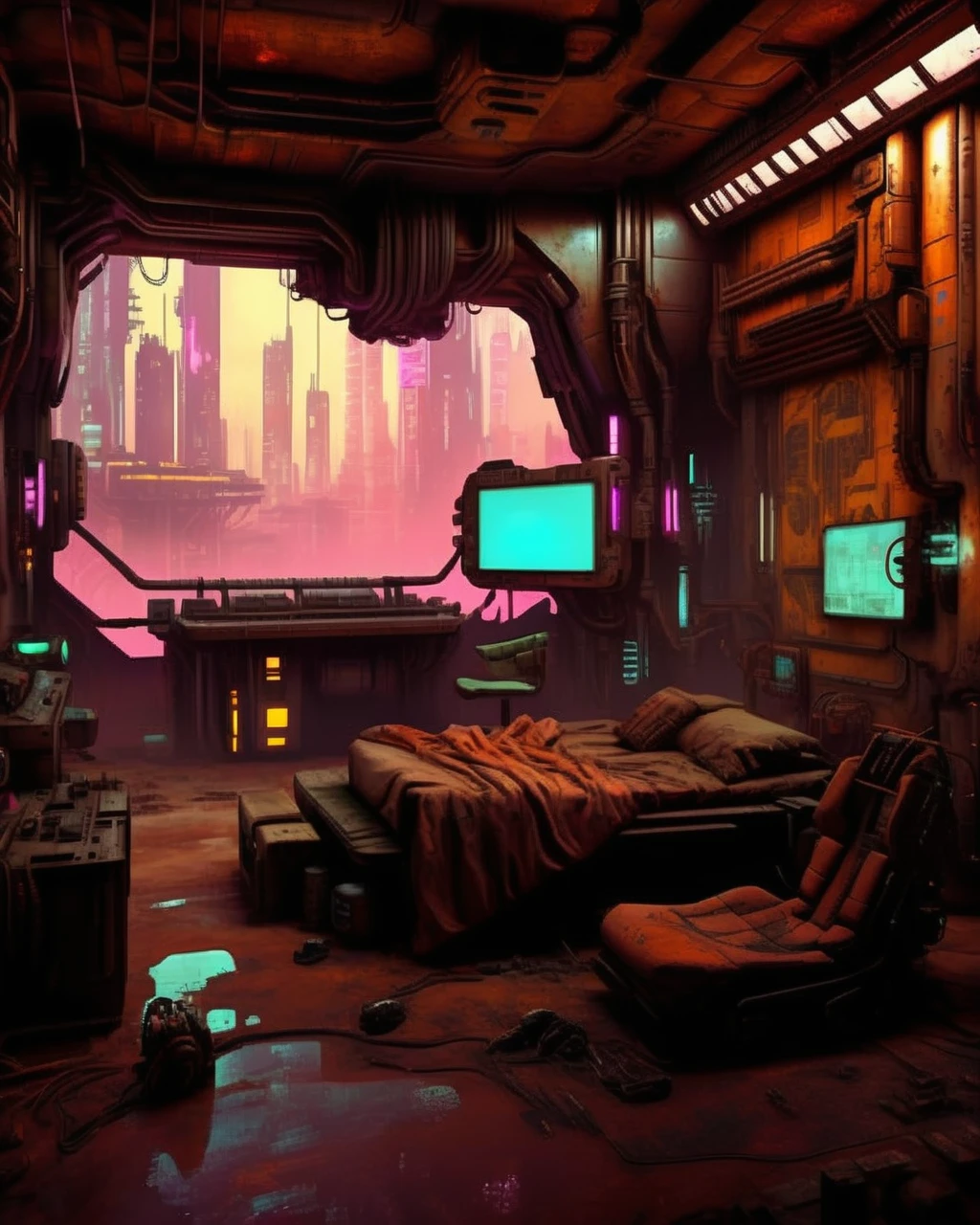 (a cyberpunk interior design ), Techno-wasteland, a desolate landscape of rusted robotics and malfunctioning machinery. , cyberpunk style environment <lora:Cyber_Background_sdxl:1.0>