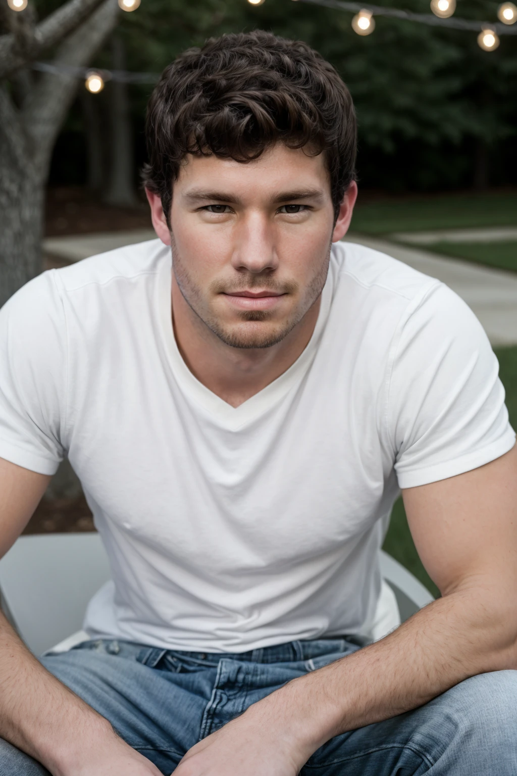 RAW photo, (male focus), a (closeup portrait) photograph of dustin_zito sitting outside with a smirk <lora:Dustin_Zito-10:0.8>, 8k uhd, dslr, soft lighting, high quality, film grain, Fujifilm XT3
