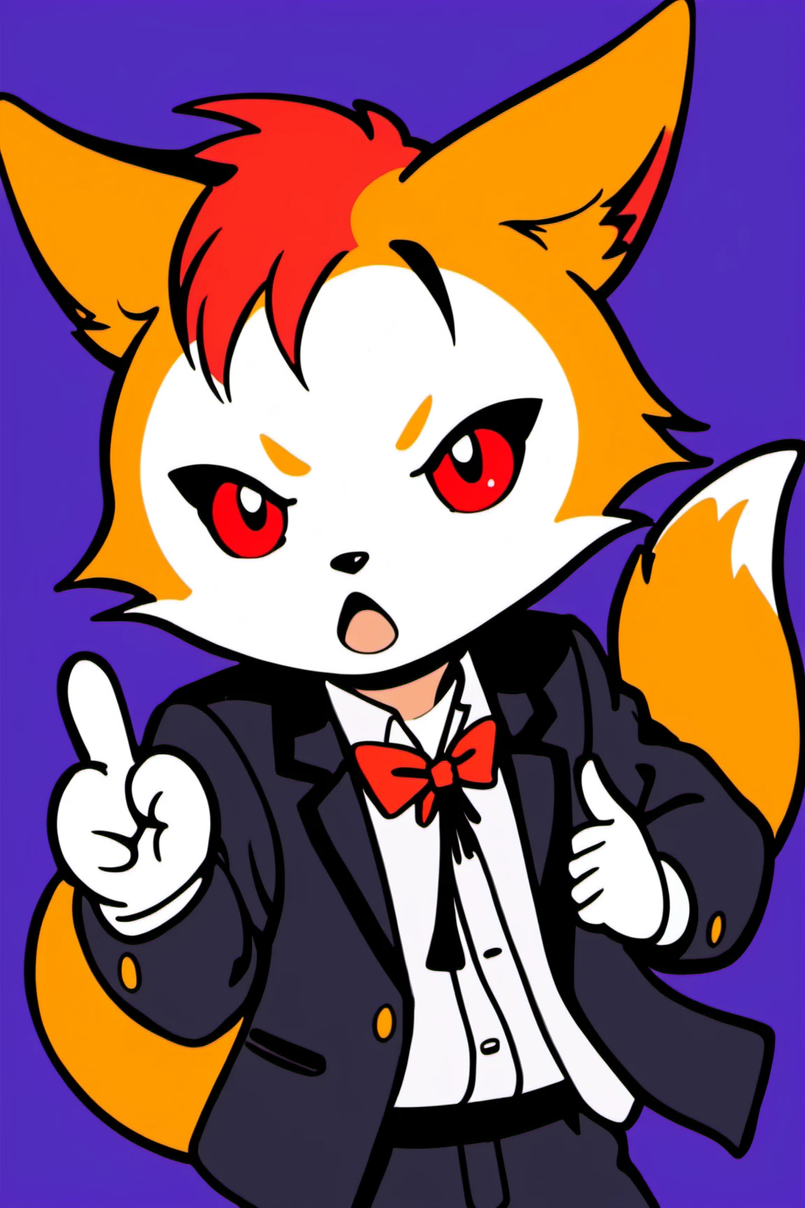 (masterpiece, best_quality, ultra-detailed, ), epic, illustration, ((twitch emote, sticker, white outline, chibi, kawaii, emote)), 1boy, male focus, fox ears, red eyes, multicolored hair, black hair, red hair, looking at viewer, shirt, jacket, flat colors, simple background, open mouth, yelling, expressive, simple colors, anime art