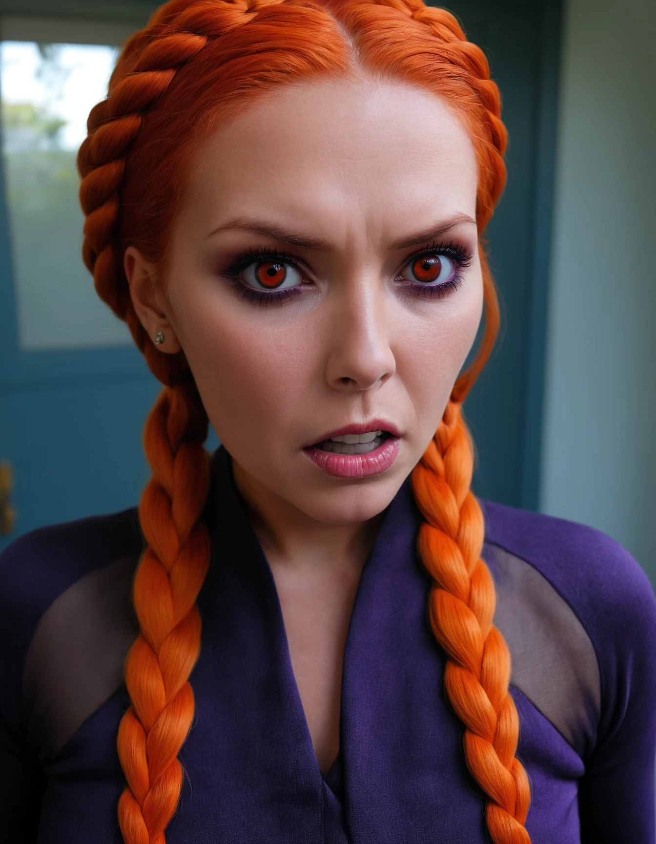 Good South-American Black Widow, DayGlo orange and dark orange hair, Phenomenal Dutch braid hairstyle, near Clinic, soft focus, Arte Povera, natural lighting, Fish-eye Lens, deep purple and Bronze hue, (art by Yoh Nagao:0.9), a look of terror scared horrified