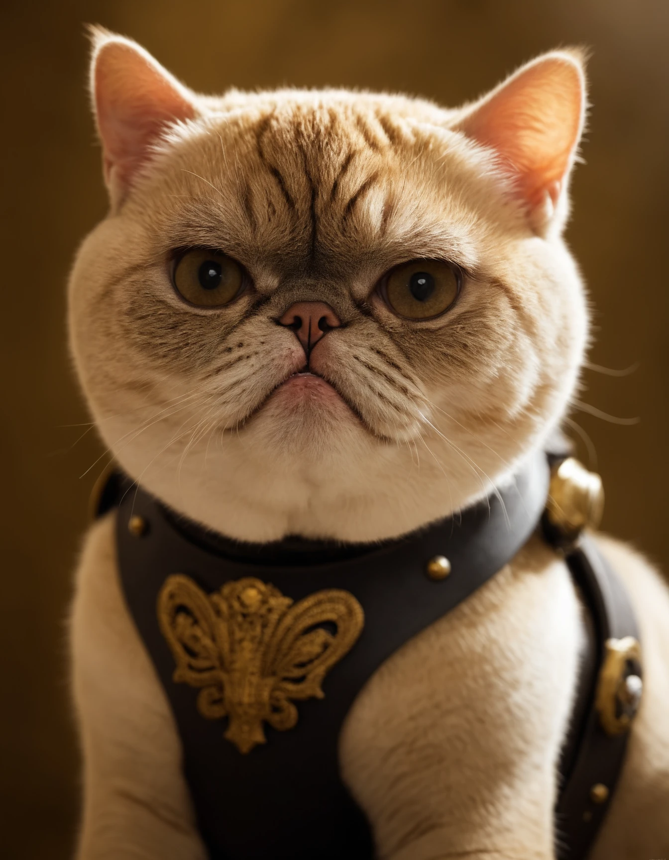 Psychotic Chekov, Exotic Shorthair Catback riding, wearing Metal, Elevated Side-swept bangs hairstyle, a look of severe determination, Ektachrome, Romantic, Realism, flat lighting, gilded technique, DOF, bokeh