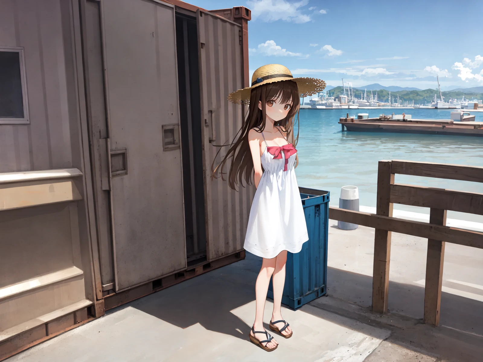 best quality, amazing intricate, cute girl,
brown hair, long hair, straight hair, brown eyes, (round eyes:1.3), (medium breast:1.4),
perspective view, (long shot, from afar, in the distance:1.5), full body, standing, (from front, arms behind the back:1.3)
(wharf, concrete ground, container:1.1), sea, white sundress, straw hat, sandals