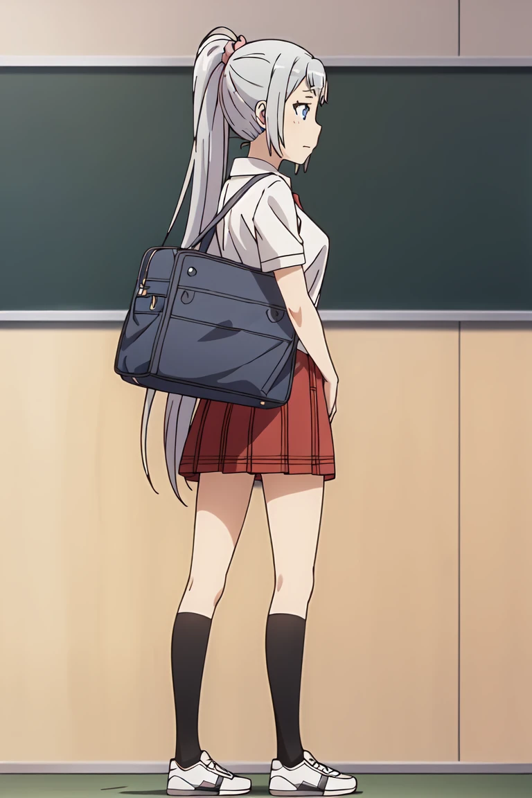 (extremely detailed CG unity 8k wallpaper), (masterpiece), (best quality), (ultra-detailed), (best illustration), (best shadow), (absurdres),  <lora:saki-10:0.7>, saki, 1girl, solo, bag, long hair, skirt, clothes around waist, socks, black socks, scrunchie, school bag, shoes, school uniform, shirt, ponytail, plaid, heart, hair scrunchie, hair ornament, very long hair, plaid skirt, kneehighs, white shirt, jacket around waist, short sleeves, grey hair, sneakers, indoors, chalkboard