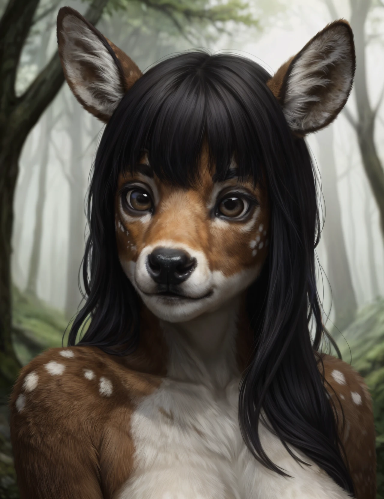 female, 18 years old, Japanese-American, straightened black hair, fringe, aegyo sal, anthro, anthrofied, Fallow Deer, (speckled fur:1.2), curvy figure,
BREAK, 8k, hi res,  deep in a dark magical forest, (photorealism:1.3)