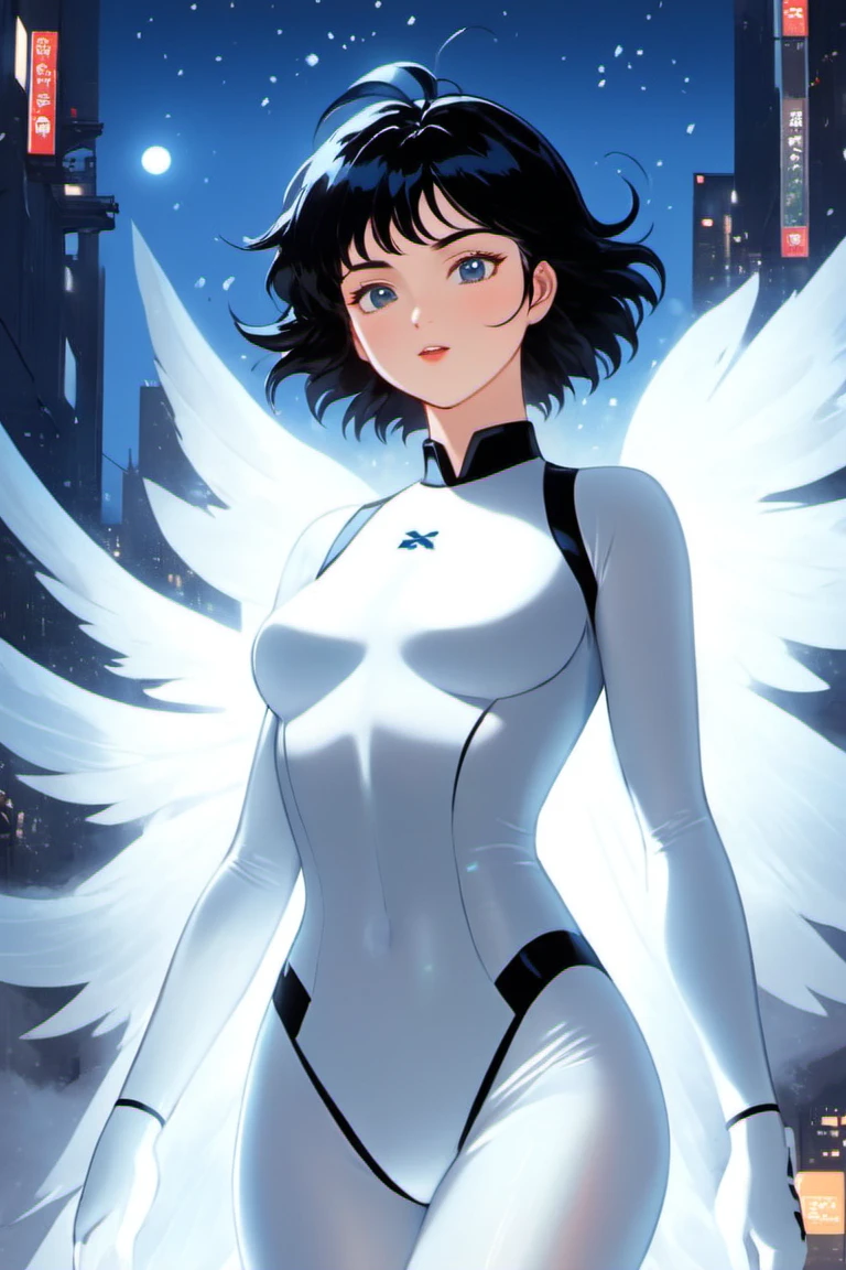 (masterpiece, best quality, ultra-detailed, highres, best illustration, specular highlights), perfect face, ((solo, solo focus)), sidelighting, epic, illustration, render, volumetric lighting, welcoming, see-through gossamer, in Japan, lustrous skin, (bloom), (shine), ray tracing, masterpiece, best quality, official art, ultra detailed, beautiful and aesthetic, High quality, beautiful, cowboy shot of giant lady in white bodysuit, short black hair, hands on hips, ruined city, helicopter in sky, night, particles, fog, moon, science fiction, (detailed eyes), (beautiful), beautiful detailed eyes, perfect lighting, perfect anatomy, (extremely detailed illustrated 8k wallpaper), (masterpiece), (best quality), (ultra-detailed), (best illustration), (best shadow), (fantasy:1.4), vivid colors