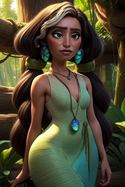 Hope,long hair,green eyes,black streaked hairtwintails,small breasts,
earrings,necklace,green dress,sandals,hips,
solo, cowboy shot, smug,
tropical forest, large fruits, treehouse,
(insanely detailed, beautiful detailed face, masterpiece, best quality) <lora:Hope:0.8>