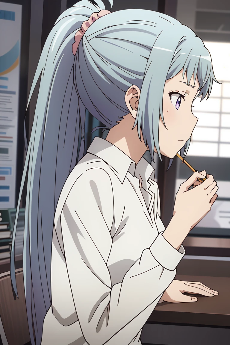 (extremely detailed CG unity 8k wallpaper), (masterpiece), (best quality), (ultra-detailed), (best illustration), (best shadow), (absurdres), <lora:saki-10:0.7>,saki, 1girl, solo, ponytail, scrunchie, long hair, blue hair, pink scrunchie, shirt, white shirt, hair ornament, purple eyes, blurry background, hair scrunchie, from side, profile, upper body, long sleeves