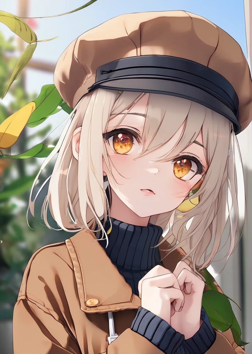 close up,  bokeh, cute, 1girl, solo, beret, hair clip, beige hair, round eyewear, brown jacket, turtleneck sweater, upper body, looking at viewer, yellow eyes, closed mouth, leaf, white background, plant
<lora:neg4all_bdsqlsz_xl_V7:2>