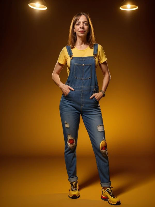 ((sfw)), (full body shot), UHD, 8k, Ultra Detailed, cinematic portrait, Studio Modelshoot portrait by massimo vitali 
[ Sarah Vandella | Allison Janney ] wearing overalls , banana in the shape of dracula, thematic lighting,