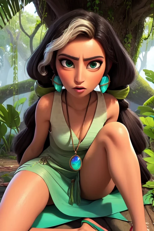 Hope, green eyes, black streaked hair, twintails, small breasts,
earrings,necklace,shorrt green dress, sandals, hips, skin tight,
solo, sexually suggestive pose, sitting,
tropical forest,large fruits,treehouse,
(insanely detailed, beautiful detailed face, masterpiece, best quality) <lora:Hope:0.8>,