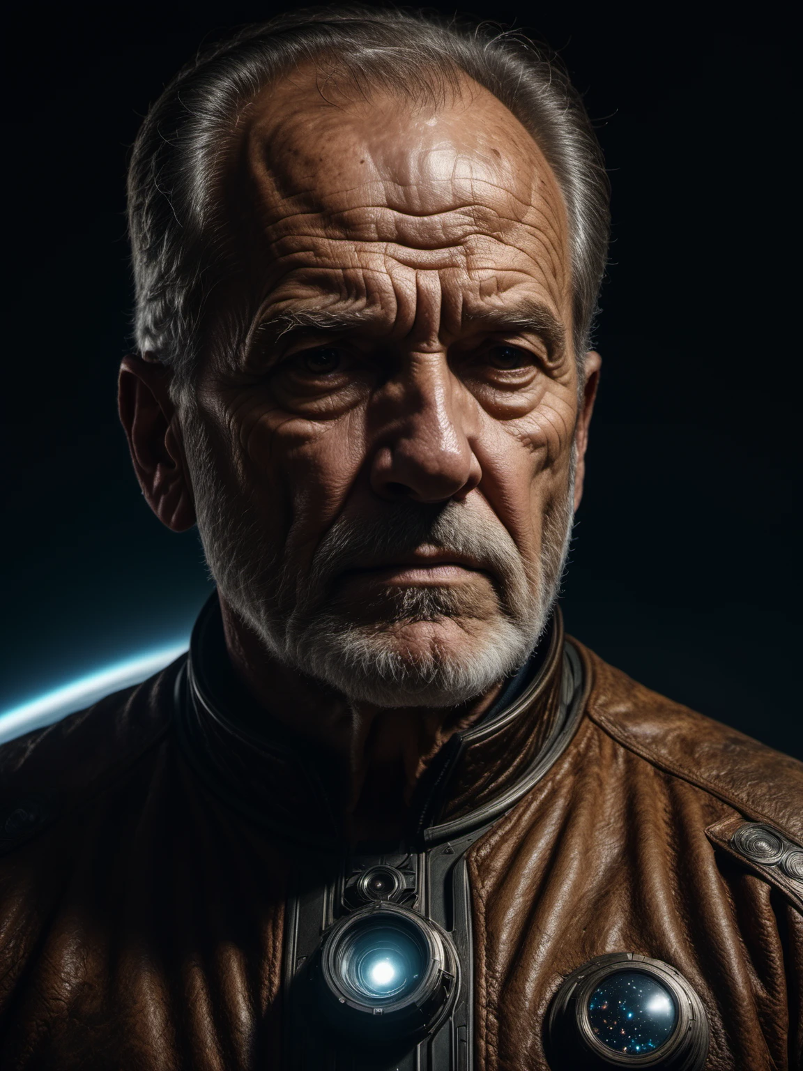 Raw photo, 8k uhd, dslr, soft lighting, high quality, film grain, Fujifilm XT3,dark,
scifi cosmic explorer, a lone explorer looking into the void of infinity, rugged old man, skin wrinkles,
close up, eldritch, old (man:0.5), intricate details, sharp, (skin texture:1.1) <lora:xl_real_beta1:0.7>