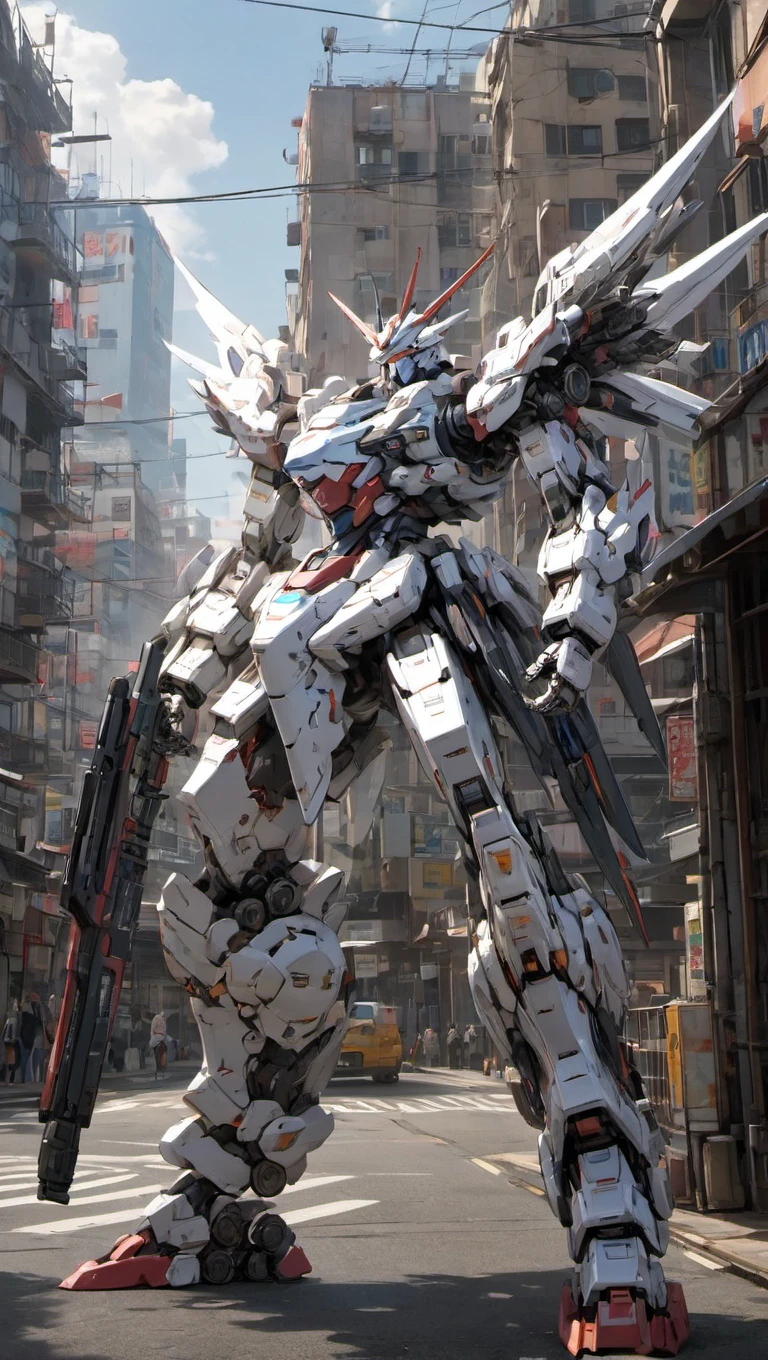 mecha robot, no humans, (mecha armor:1.5), full armor, (grey silver color scheme:1.2),glowing blue eyes, bluesky, city, (full body:1.2),clenched hand,mecha musume, mechanical parts, robot joints, (huge shield:1.2),best quality, masterpiece, highly detailed, ultra-detailed,(battle-ready:1.2),(powerful stance:1.3),(Detailed eye description:1.2),(huge mechanical weapon:1.3),(detailed armor description:1.2),(detailed shield description:1.2),(detailed weapon description:1.2),(huge mechanical gun:1.2), (holding gun and weapon :1.3)  <lora:srdxl_v07ux:0.8>