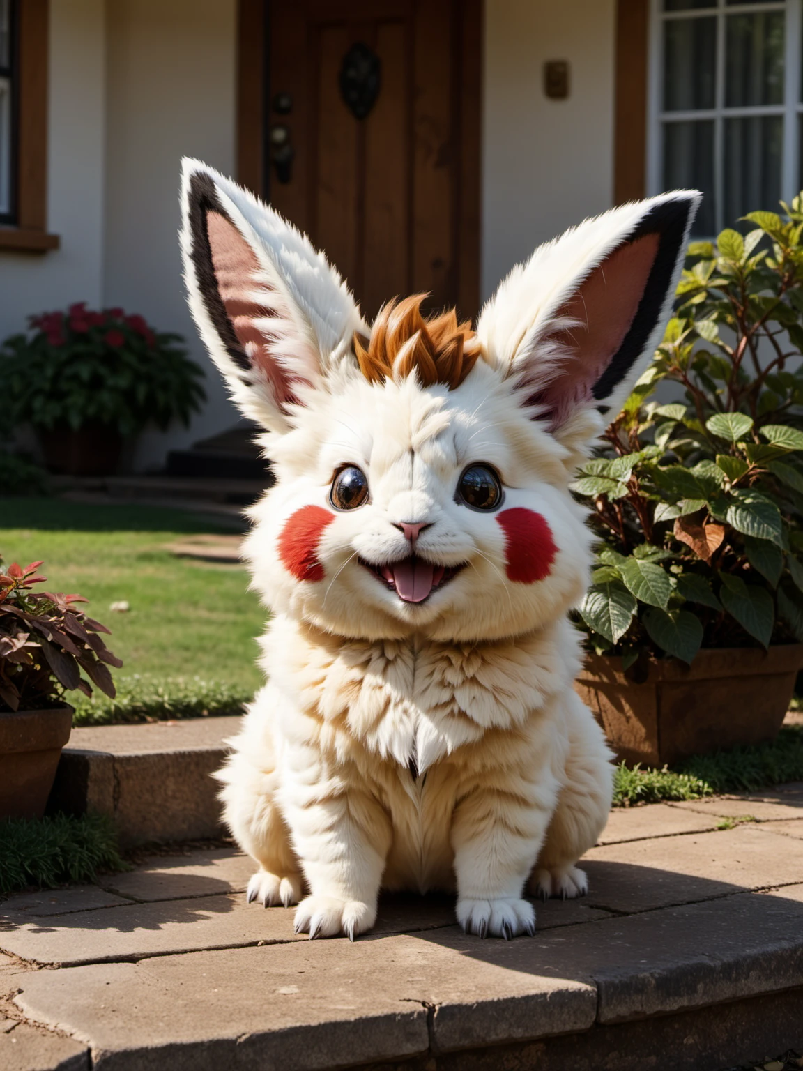 cute pokemon pet sitting in front of the house, happy, fluffy<lora:xl_real_beta1:0.8>