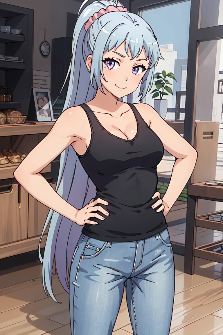 (extremely detailed CG unity 8k wallpaper), (masterpiece), (best quality), (ultra-detailed), (best illustration), (best shadow), (absurdres), <lora:saki-10:0.7>, saki, 1girl, solo, long hair, blue hair, smile, breasts, collarbone, cleavage, very long hair, indoors, purple eyes, looking at viewer, scrunchie, hands on hips, ponytail, shirt, standing, black tank top, medium breasts, hair scrunchie, jeans, mole, mole under eye, hair ornament, pink scrunchie