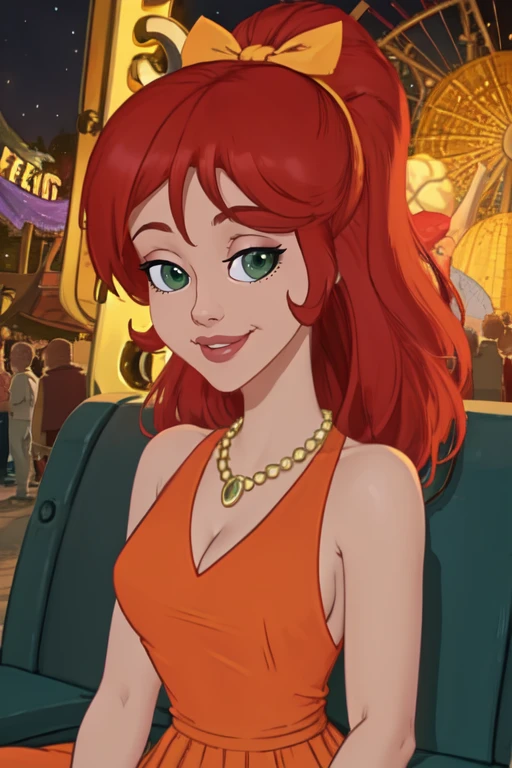 CousinBleh,green eyes, red hair,
orange dress, gold necklace, hair bow,
amusement park, night,
solo, cowboy shot, smile,
upper body, sitting,
(insanely detailed, beautiful detailed face, masterpiece, best quality) <lora:CousinBleh-104.5:0.7>