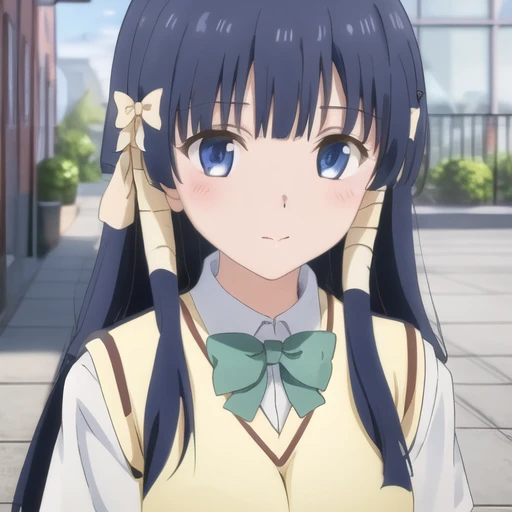 (masterpiece, best quality:1.2),illustration,8k,hd,1girl,solo,blue eyes,long hair,school uniform,bow,blue hair,hair ornament,sweater vest,blue hair,green skirt,black socks,hair ribbon,short sleeves,plaid skirt,pleated skirt,ribbon,<lora:Murasame Shizu-V2:0.8>,