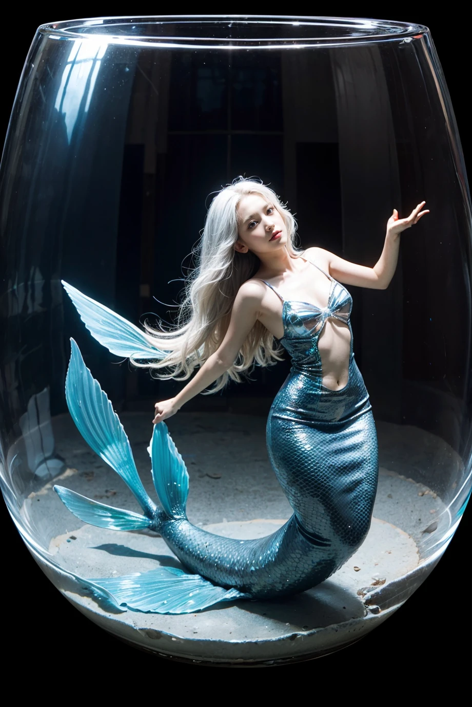 (Transparent background:1.5),(((masterpiece))),(((best quality))),(((extremely detailed))),illustration, 1girl, ((female mermaid)), solo,(((mysterious,vivid color,shiny, underwater transparent sealed hemispherical glass dome))), (white hair),(purple eyes), full body,barefoot,long hair tranquil nature, koi,Underwater, Dome,close up,Dynamic actions,Lens perspective,(((Box composition))),volumetric lighting, multi-color eyes, detailed eyes, hyper detailed,light smile, highly detailed, beautiful, small details, ultra detailed, best quality, intricate, 8k, trending on artstation, good anatomy, beautiful lighting, award-winning