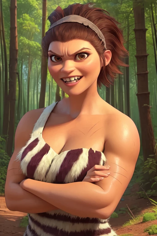 Ugga,brown hair,short hair,brown eyes, muscular, hairband, hair up, angry,
dress,animal print, off shoulder, sleeveless, cleavage, arms crossed, body scars, teeth,
standing, upper body,
solo, smile,
forest,
(insanely detailed, beautiful detailed face, masterpiece, best quality) <lora:Ugga:0.8>