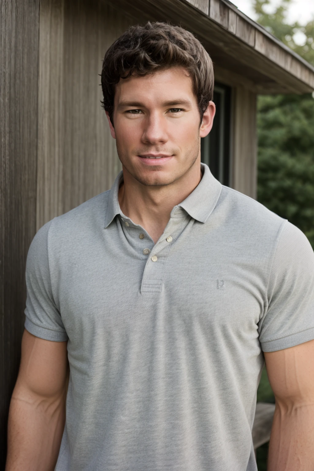 RAW photo, (male focus), a closeup portrait photograph of dustin_zito standing outside posing with a smirk in a grey polo shirt <lora:Dustin_Zito-10:1>, 8k uhd, dslr, soft lighting, high quality, film grain, Fujifilm XT3