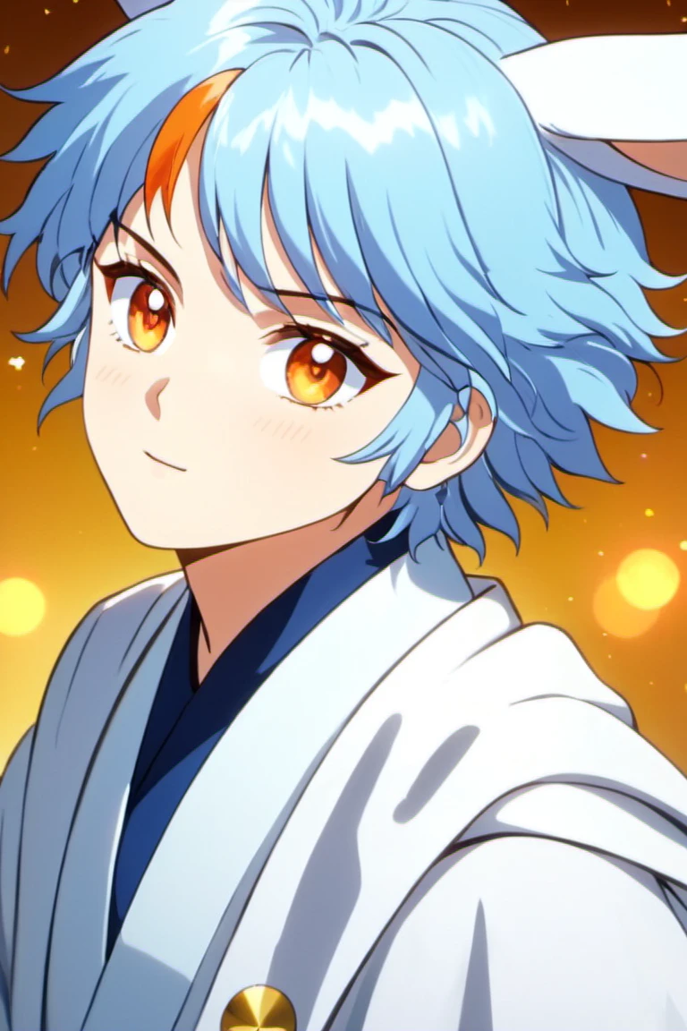 (masterpiece, best quality, ultra-detailed, highres, best illustration, skindentation, specular highlights), perfect face, ((solo, solo focus)), sidelighting, epic, illustration, render, volumetric lighting, welcoming, see-through gossamer, in Japan, lustrous skin, (bloom), (shine), ray tracing, masterpiece, best quality, ((1boy, male focus)), solo, blue hair, multicolored hair, rabbit ears, two-tone hair, mole, white hair, chinese clothes, upper body, brown eyes, orange eyes, hand on own chin, looking at viewer, depth_of_field, very detailed background, extreme light and shadow, (detailed eyes), (beautiful), beautiful detailed eyes, perfect lighting, perfect anatomy, (extremely detailed illustrated 8k wallpaper), (masterpiece), (best quality), (ultra-detailed), (best illustration), (best shadow), (fantasy:1.4), vivid colors