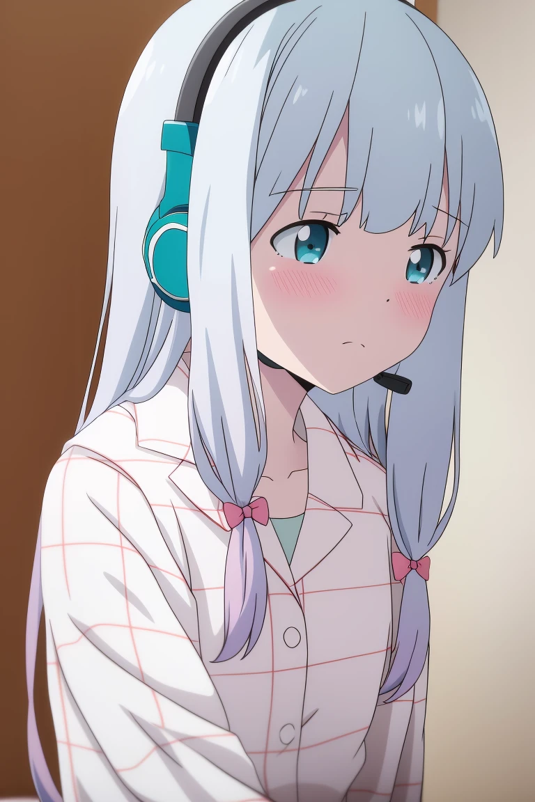 <lora:Eromanga_all_resized:0.73> izumi sagiri, white plaid pajamas, headphone, 8k, masterpiece, absurdres, anime,