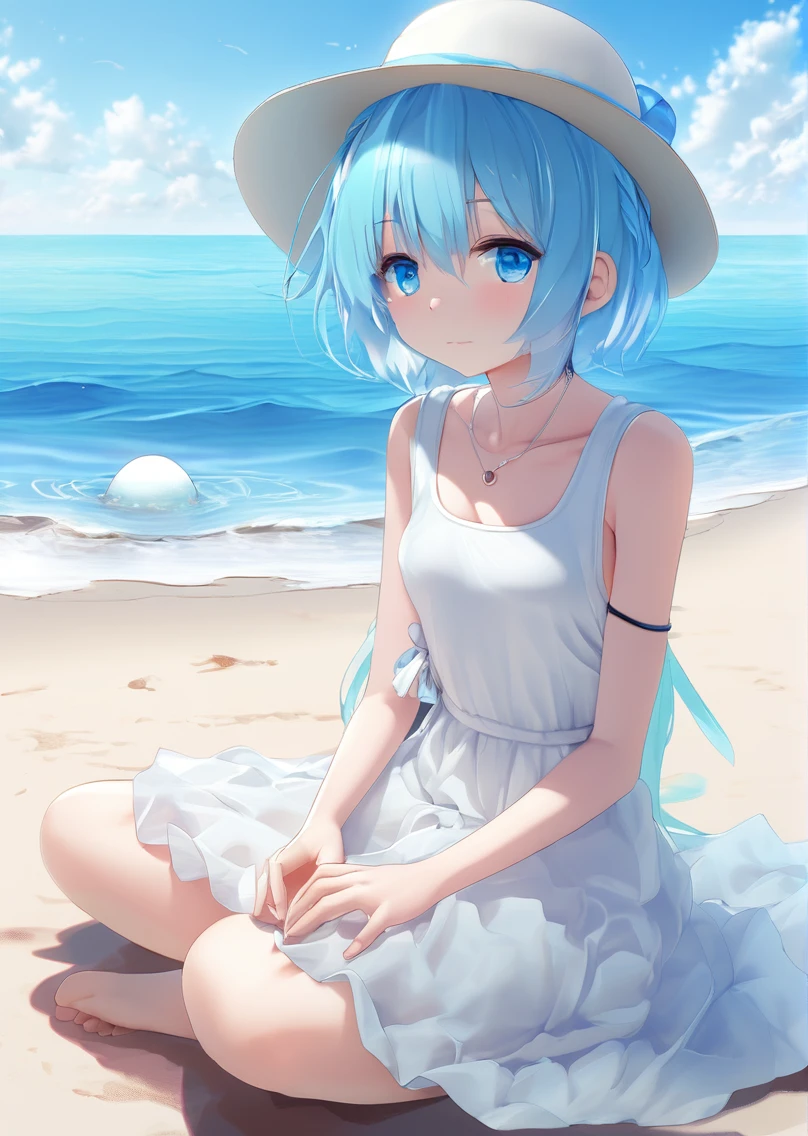atomosphere fog, 1girl, sitting, kneeling, solo, cloud, outdoors, bracelet, white dress, aqua hair, blue eyes, beach, short hair, day, water, sleeveless, ocean, white hat, blue sky
<lora:neg4all_bdsqlsz_xl_V7:1>