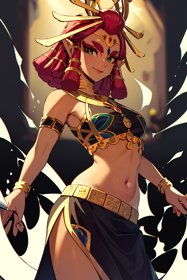 ((masterpiece,best quality)), absurdres,
<lora:Riju_Zelda_TotK:0.9>, Riju_Zelda, midriff, black dress,
solo, smiling, smug, looking at viewer, cowboy shot,
cinematic composition, dynamic pose,