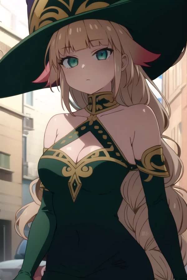 archmagedemia, <lora:archmagedemia-lora-nochekaiser:1>, 
archmage demia, long hair, blonde hair, (green eyes:1.5), single braid, braid, long braid,
BREAK hat, dress, blue dress, witch hat, side slit, witch,
BREAK looking at viewer,
BREAK outdoors,
BREAK <lyco:GoodHands-beta2:1>, (masterpiece:1.2), best quality, high resolution, unity 8k wallpaper, (illustration:0.8), (beautiful detailed eyes:1.6), extremely detailed face, perfect lighting, extremely detailed CG, (perfect hands, perfect anatomy),