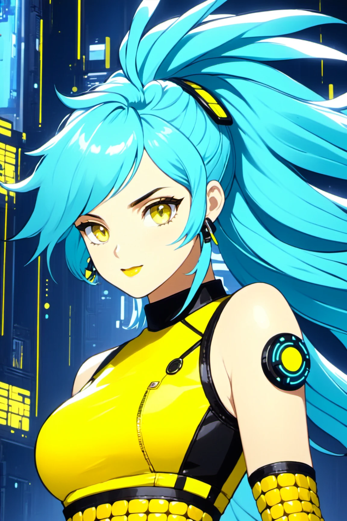 masterpiece, best quality,masterpiece, perfect face, auclaire, Aqua hair, Corn Yellow Leather miniskirt , intricate cyberpunk
