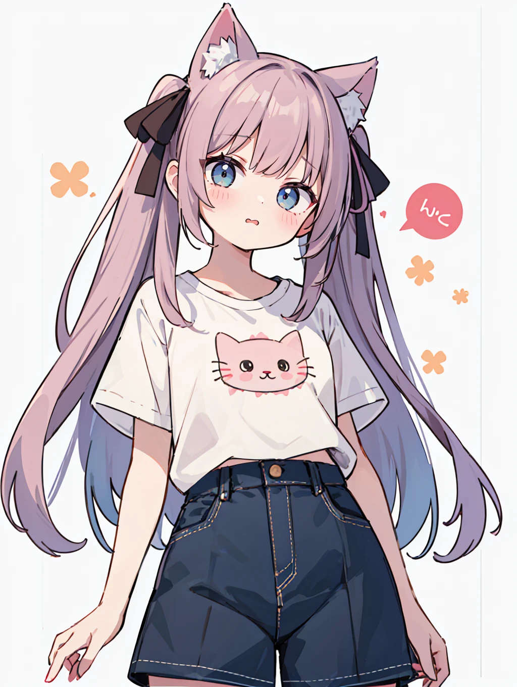 best quality, (kawaii:1.1), (cute), (high resolution:1.2), incredibly absurdres:1.3, incredibly fine illustration
BREAK
face focus, 1girl, solo, cat ears, simple t-shirt, (oversize:1.1), ribbon, unamused, (kawaii illustration:1.2), cowboy shot, kawaii background
<lora:Silicon-landscape-isolation:1>