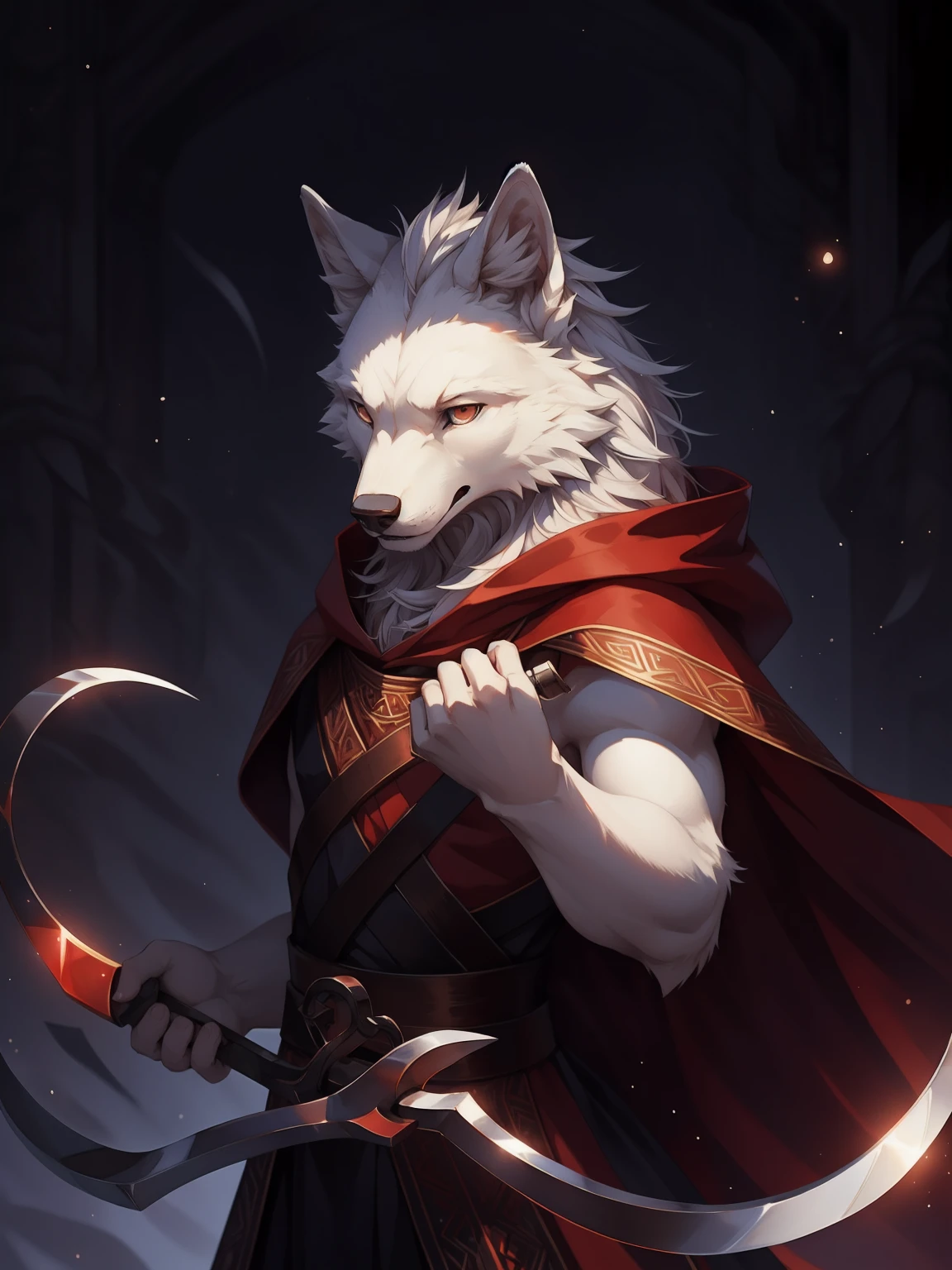 Masterpieces,official art,furry,male,Anthropomorphic white wolf,Delicate face,Delicate eyes,Red cloak,Kerosene lamp,sickle:1.2, depth of field, perfect lighting, light particles,(best quality),(masterpiece),(ultra detailed),sharp focus,light particles